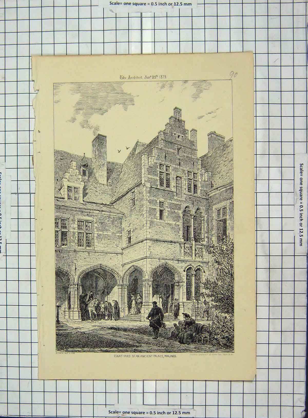 Original Old Antique Print Architecture 1879 Court-Yard Ancient Palace Malines