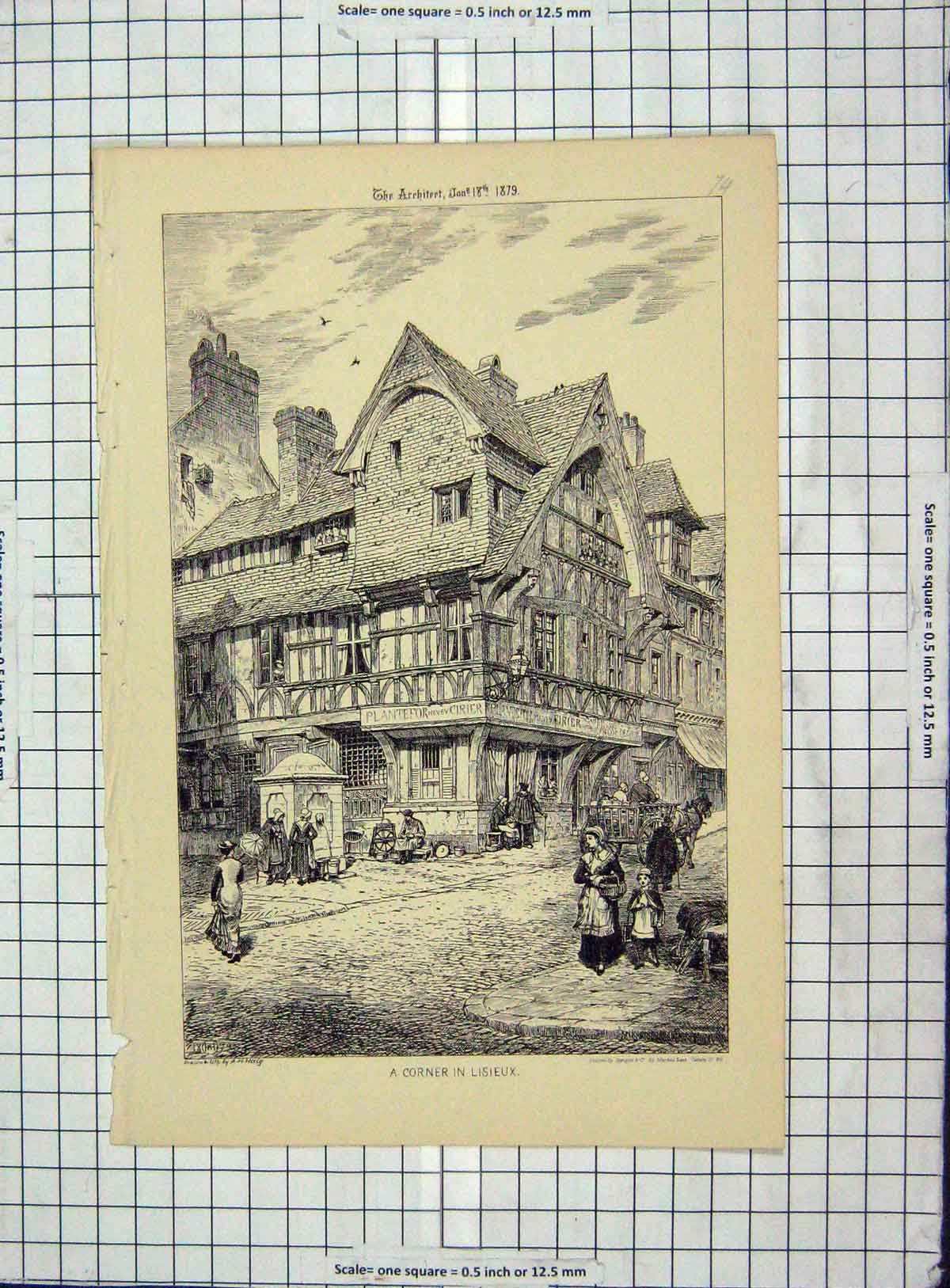 Original Old Antique Print Architecture 1879 Street Corner Lisieux Haig Sprague