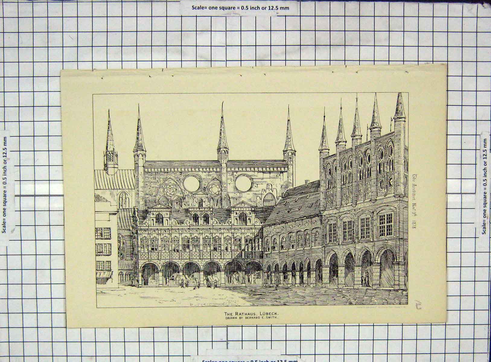 Old Antique Print Rathaus Lubeck Bernard Smith Architecture 1878 Sprague 19th