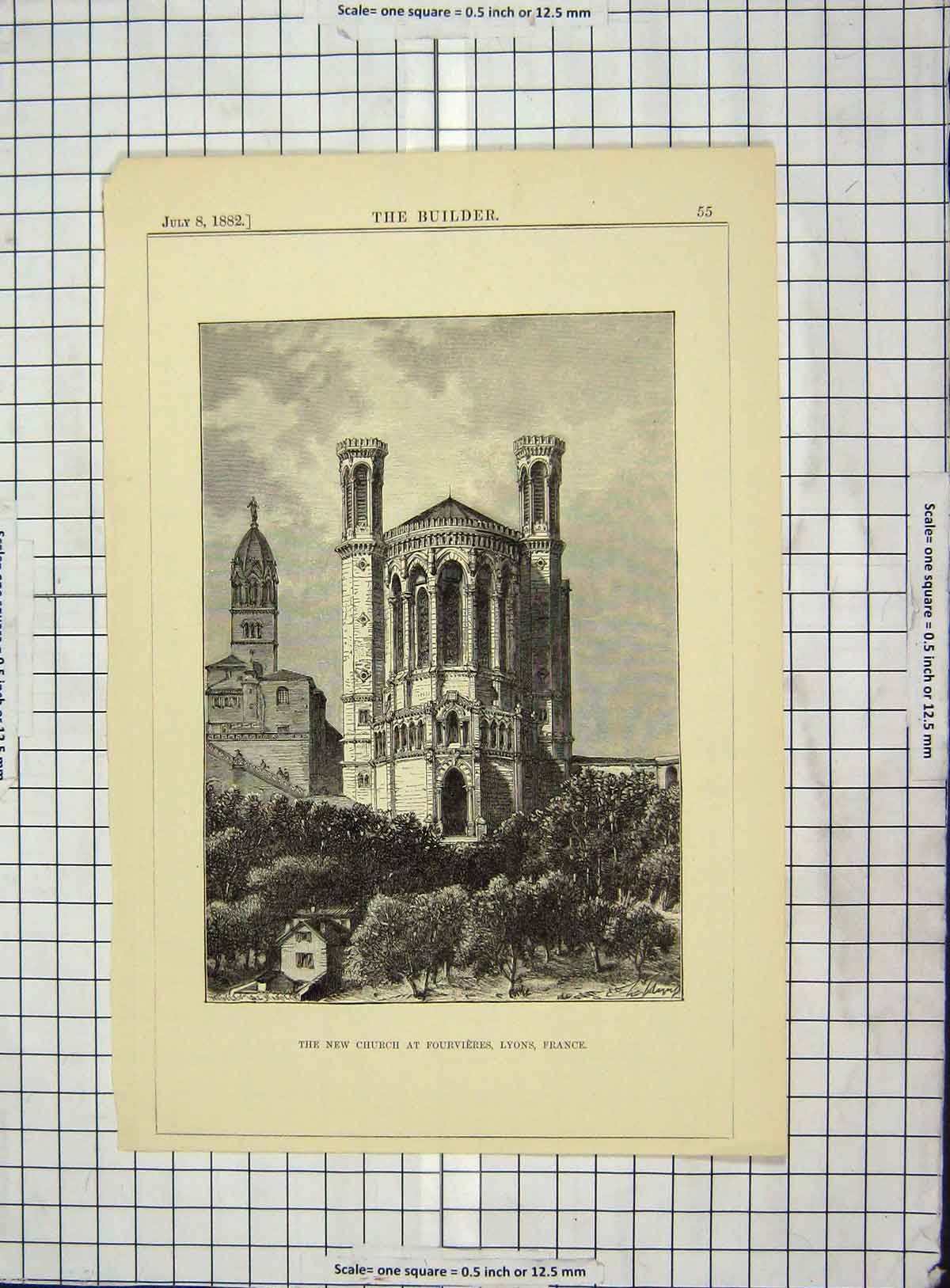 Original Old Antique Print Architecture 1882 New Church Fourvieres Lyons France