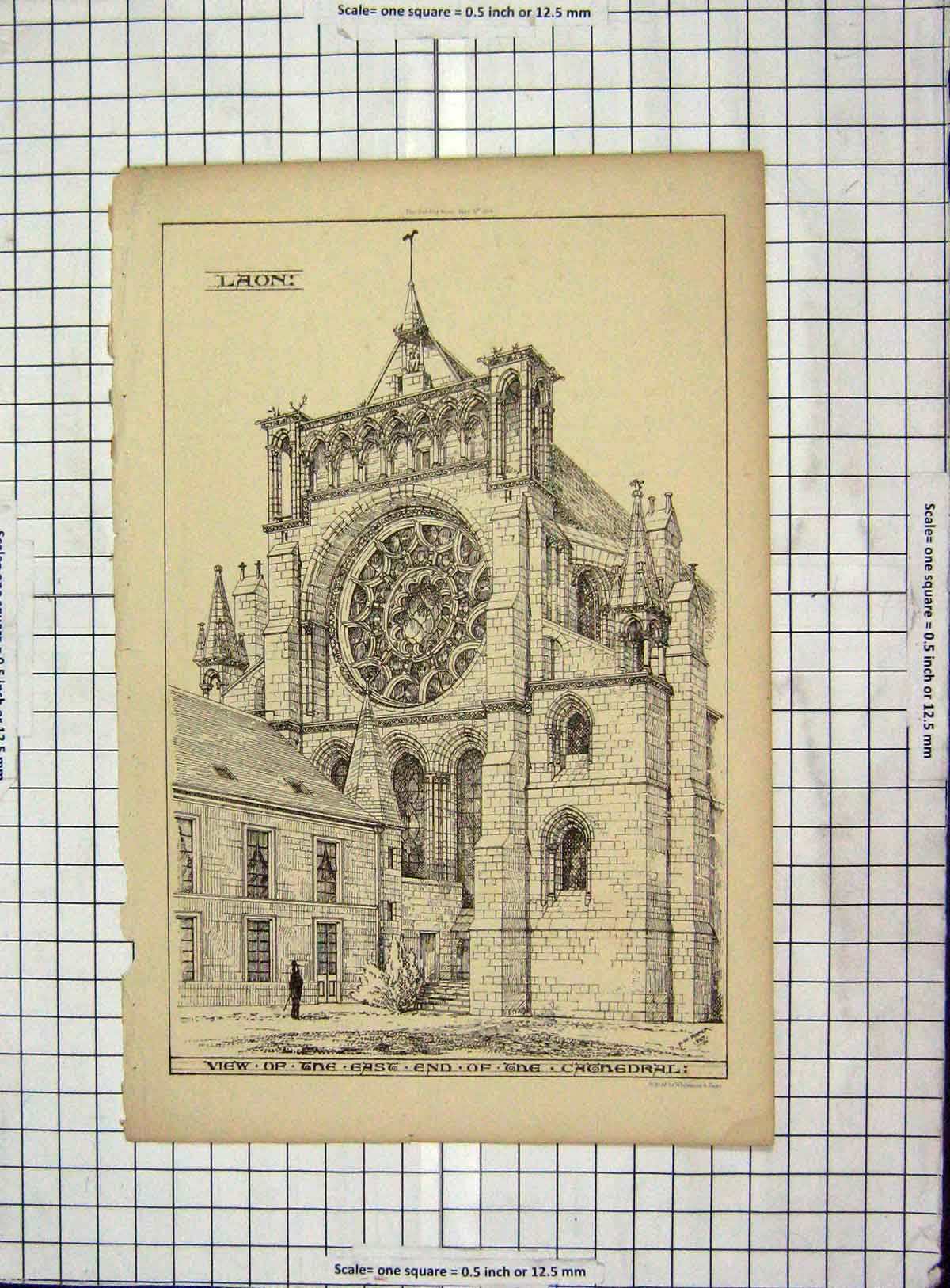 Original Old Antique Print Architecture 1868 Laon Cathedral Roper 1867 19th