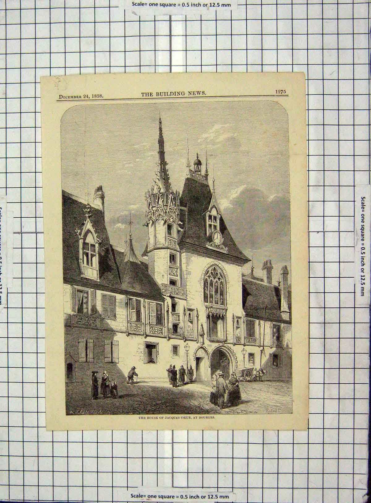 Original Old Antique Print Architecture 1858 House Jacques Coeur Bourges 19th