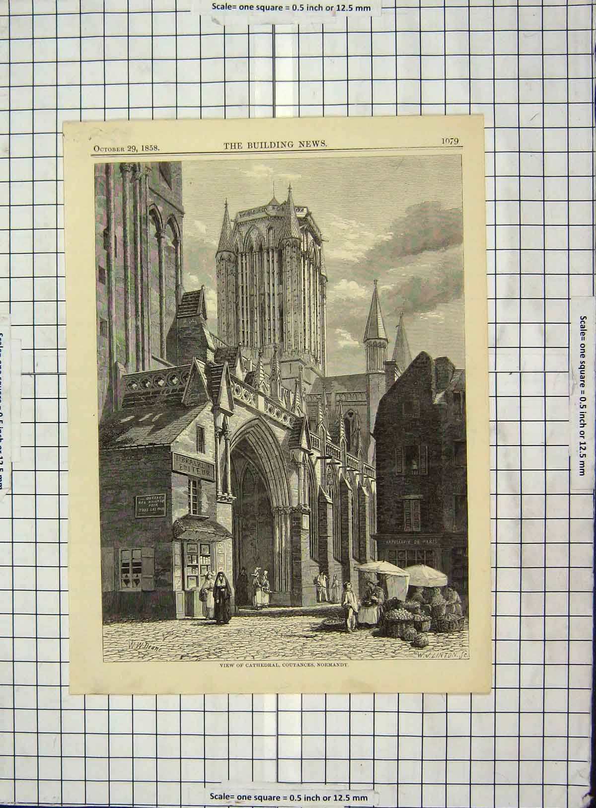 Original Old Antique Print Architecture 1858 View Cathedral Coutances Normandy