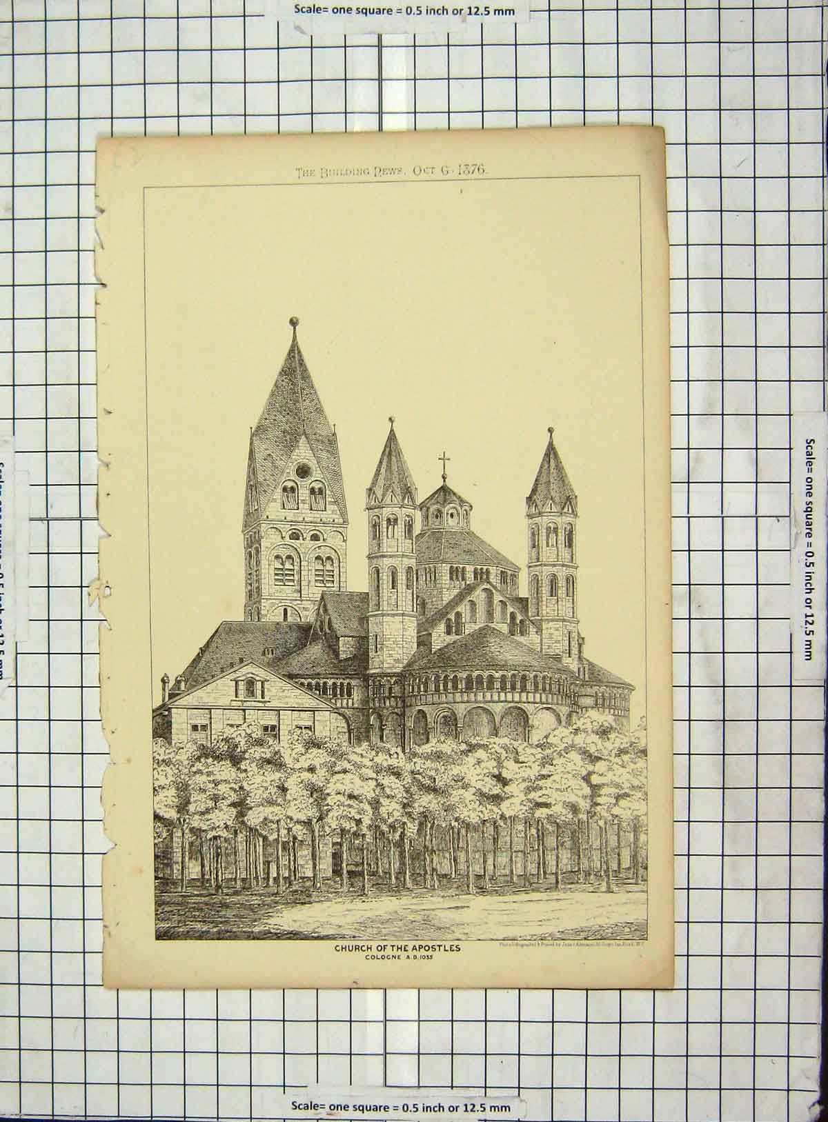 Original Old Antique Print Architecture 1876 Church Apostles Cologne Akerman