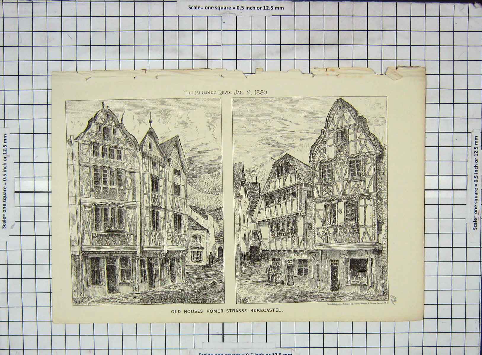 Original Old Antique Print Architecture 1880 Houses Romer Strasse Berecastel