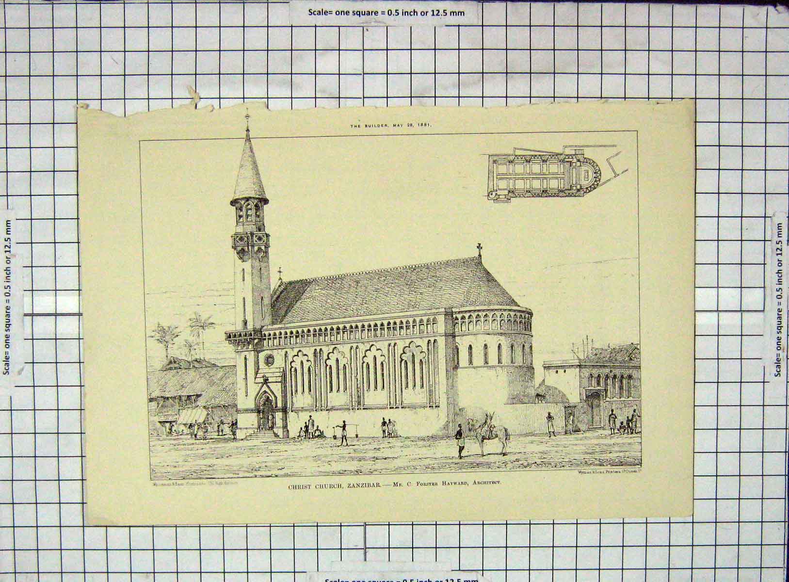 Original Old Antique Print Architecture 1881 Christ Church Zanzibar Hayward