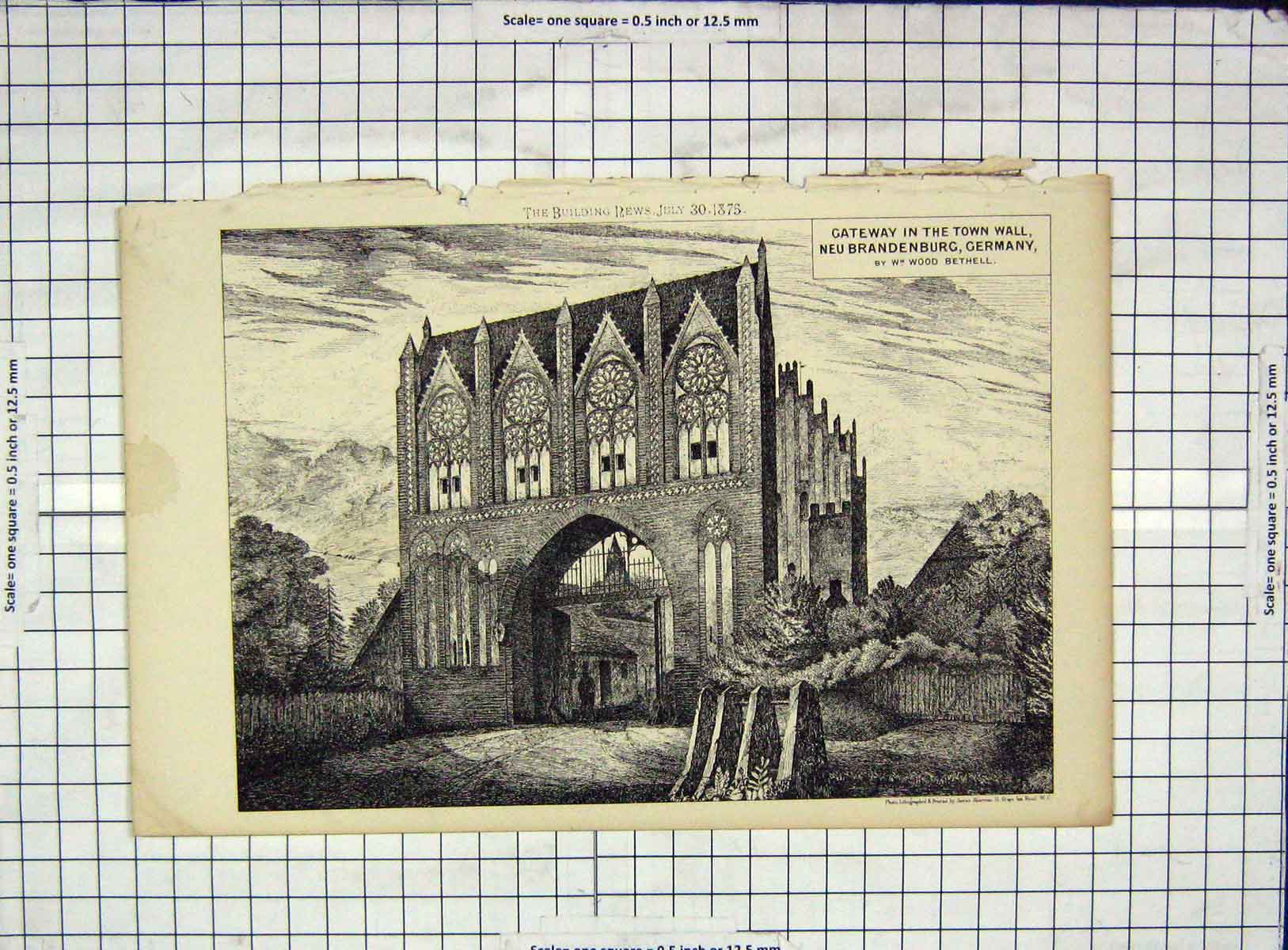 Old Antique Print Architecture 1875 Gateway Town Hall Brandenburg Germany 19th