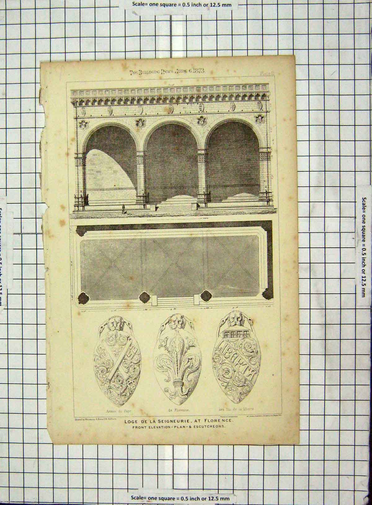 Old Antique Print Architecture 1873 Loge Seigneurie Florence Escutcheons 19th