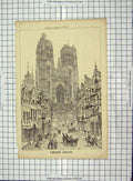 Original Old Antique Print Architecture 1870 Cathedral Brussels Street Scene