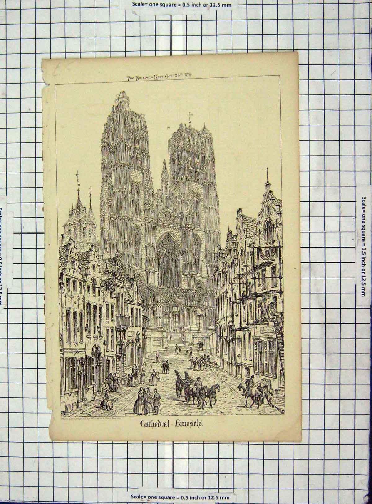 Original Old Antique Print Architecture 1870 Cathedral Brussels Street Scene