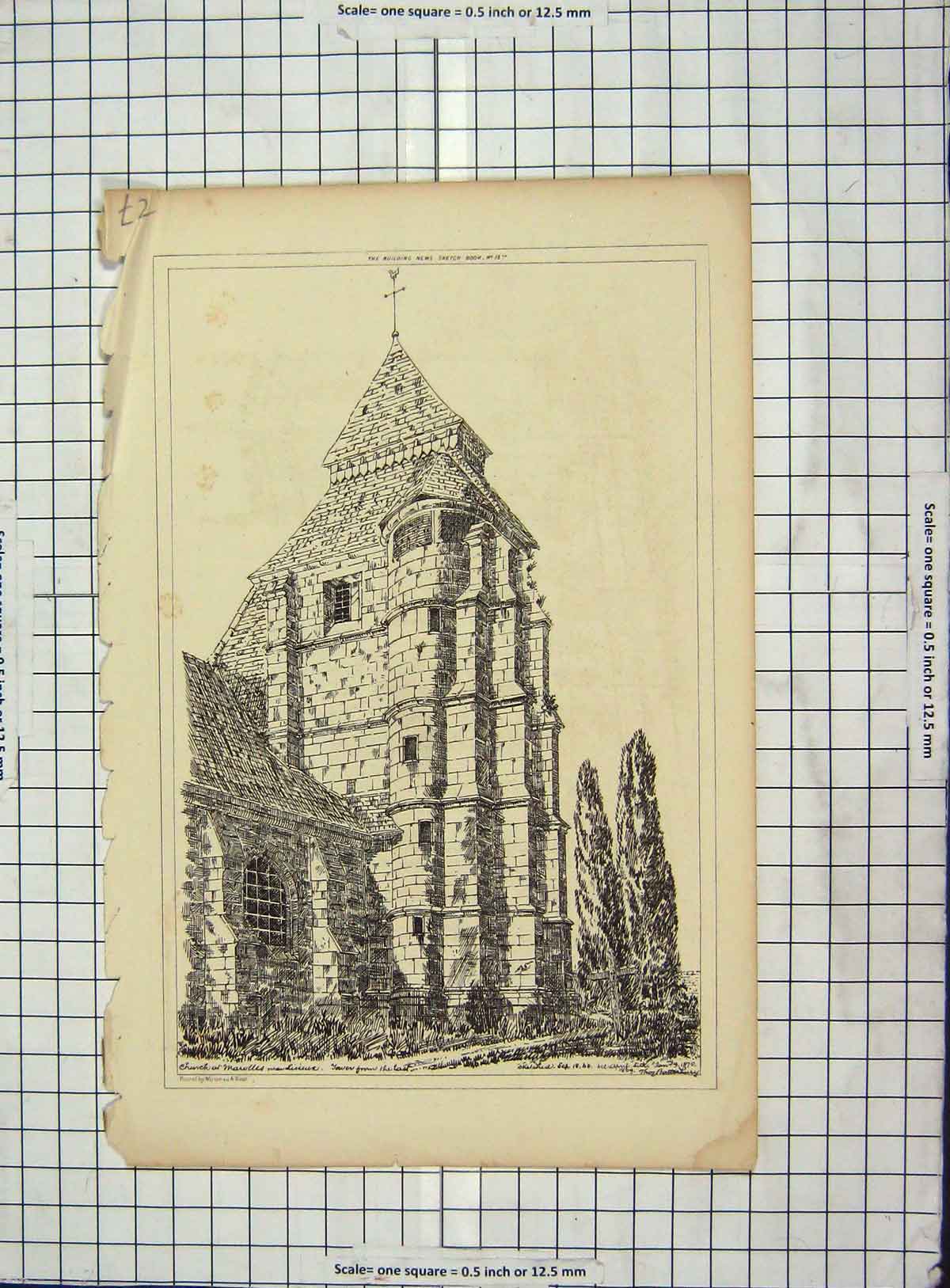 Original Old Antique Print Architecture 1869 Church Tower France 19th