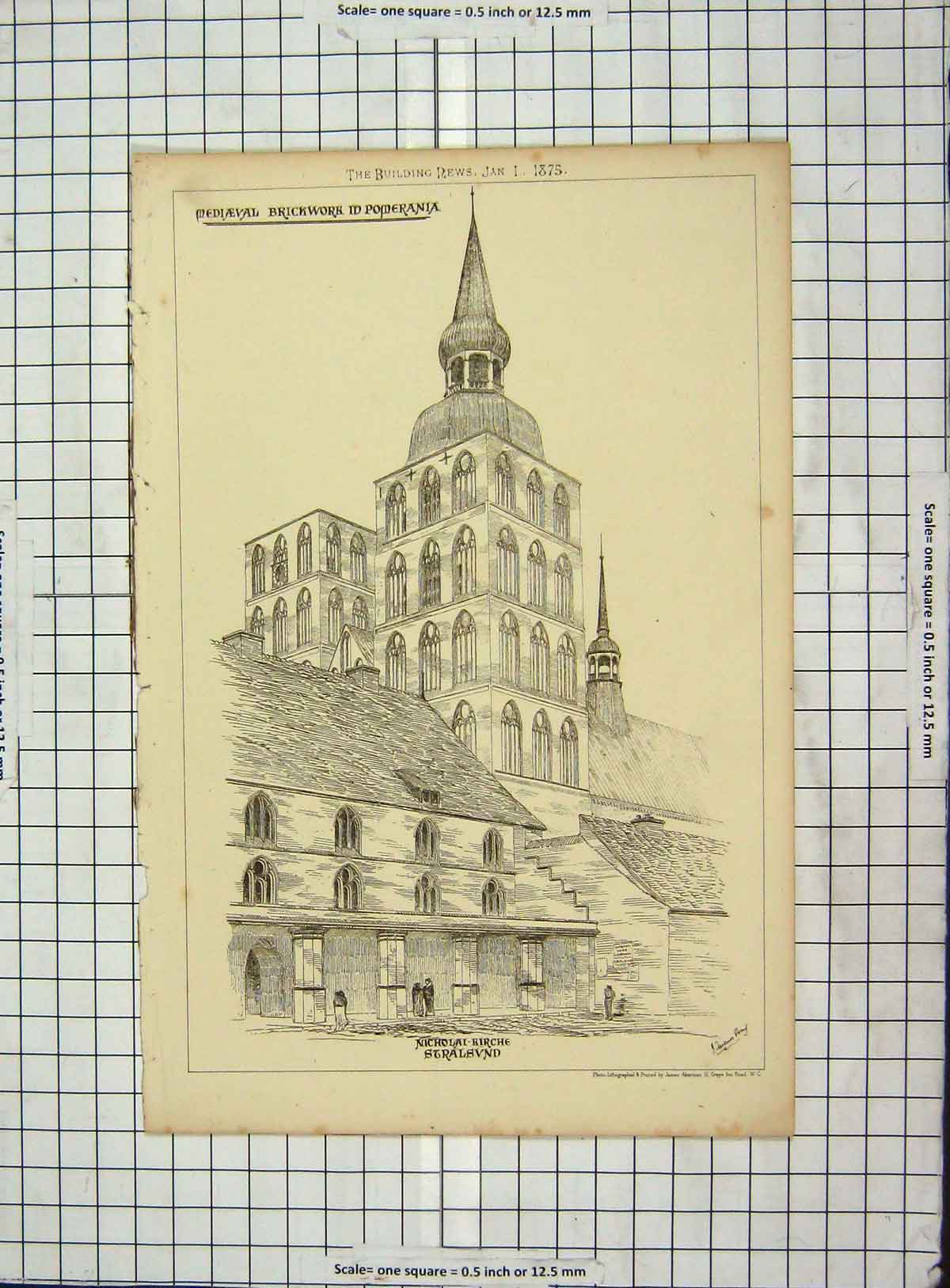 Original Old Antique Print Architecture Nicholai Kirche Stralsund Pomerania