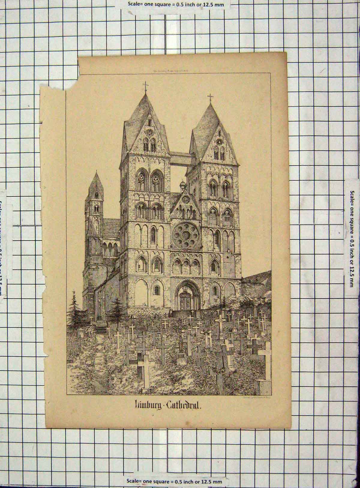 Original Old Antique Print Damaged 1868 Architecture Limbury Cathedral Whiteman