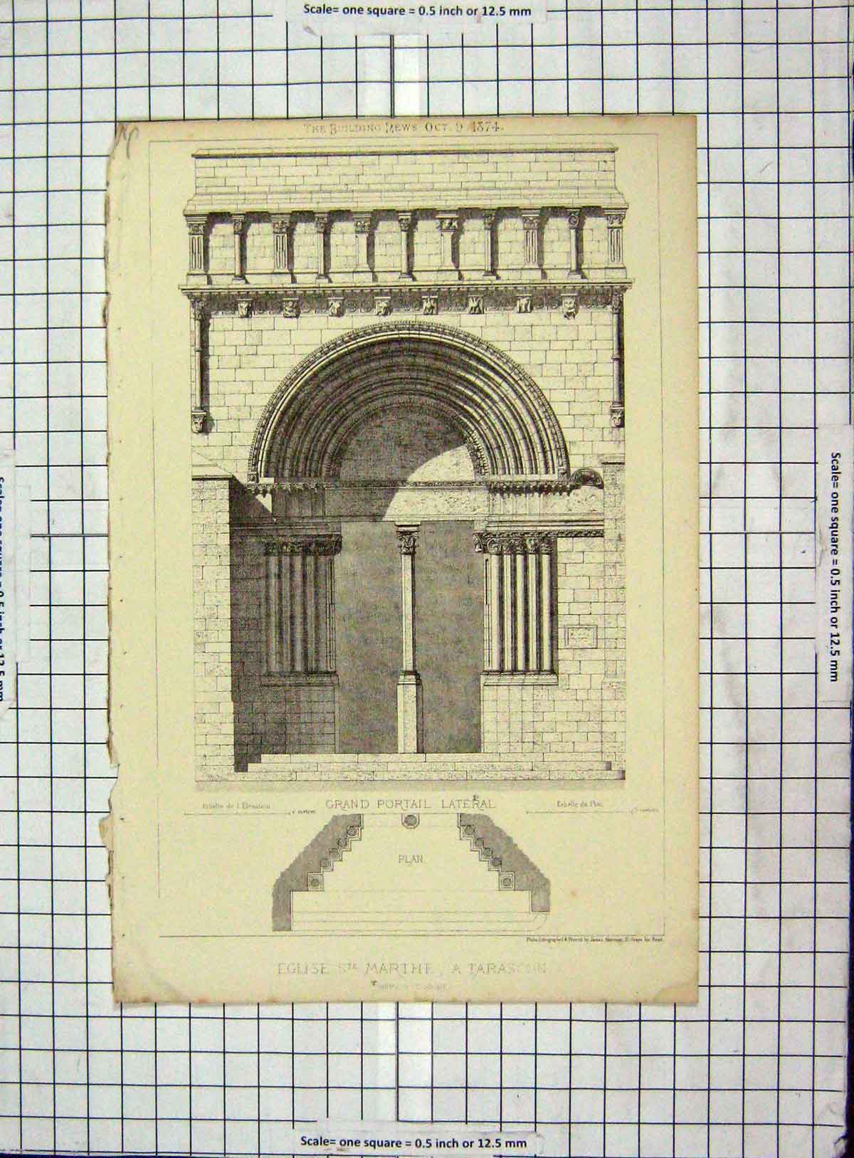 Original Old Antique Print Architecture 1874 Eglise Marthe Tarascon Akerman