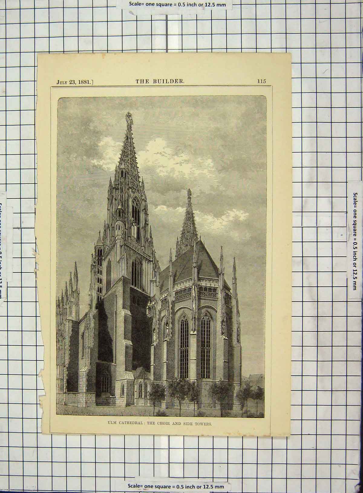 Original Old Antique Print Architecture 1881 Ulm Cathedral Choir Side Towers