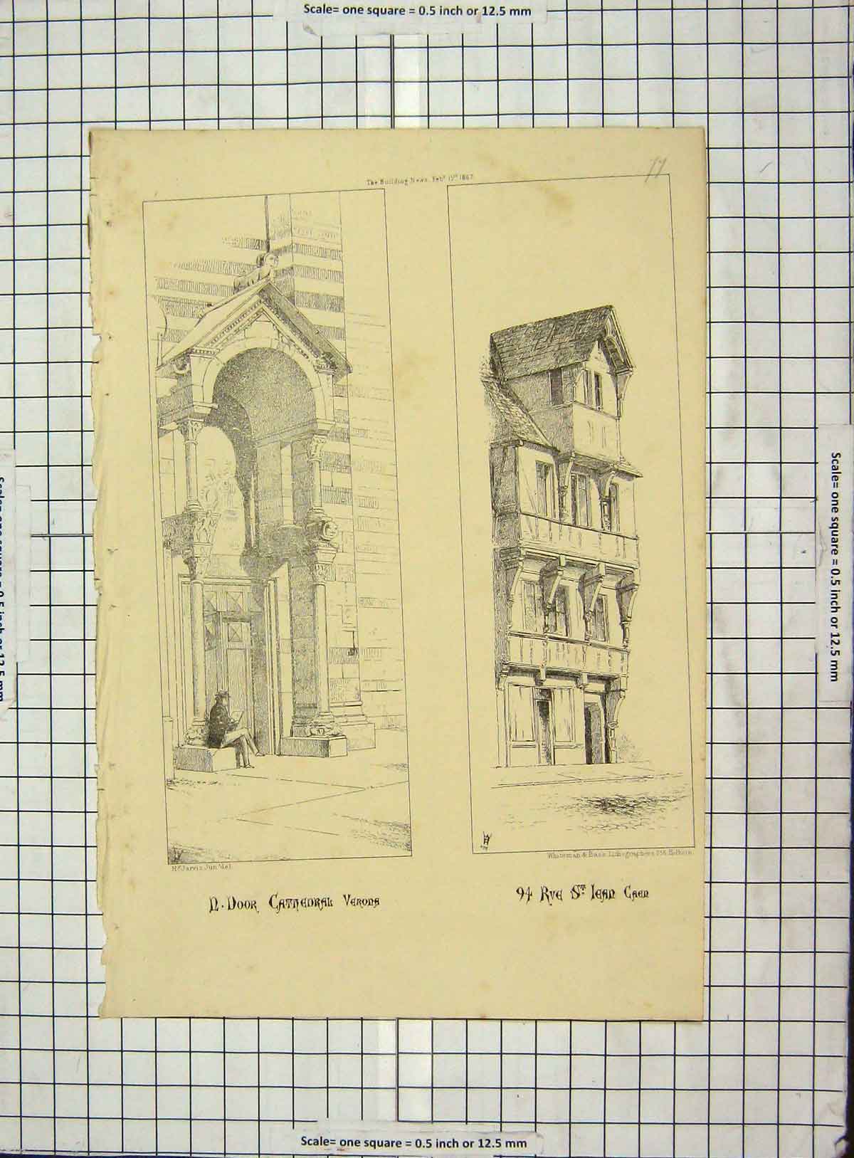 Original Old Antique Print Architecture 1867 Door Cathedral Verons Caen France