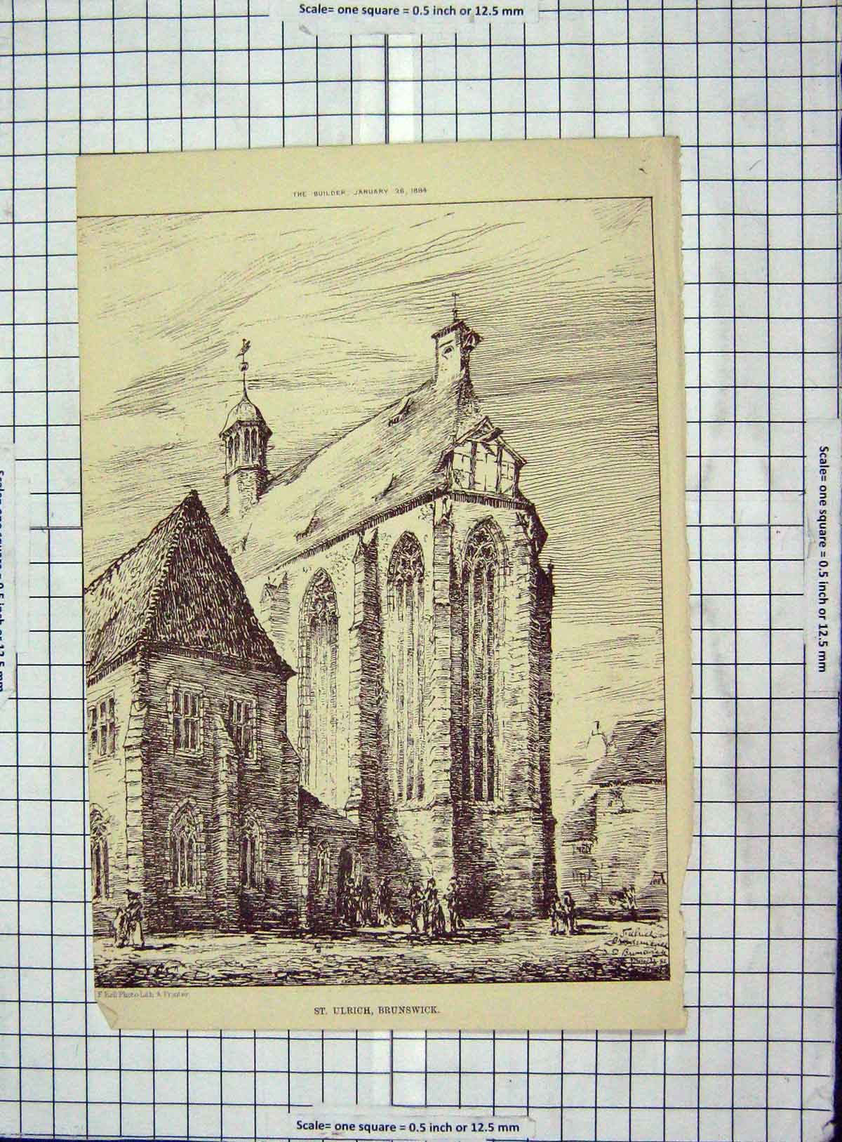 Old Antique Print Architecture 1884 St. Ulrich Brunswick Kell Cathedral 19th