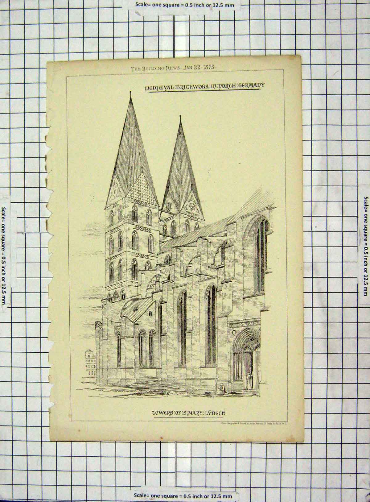 Original Old Antique Print Architecture 1875 Towers Marys Church Lubeck Germany