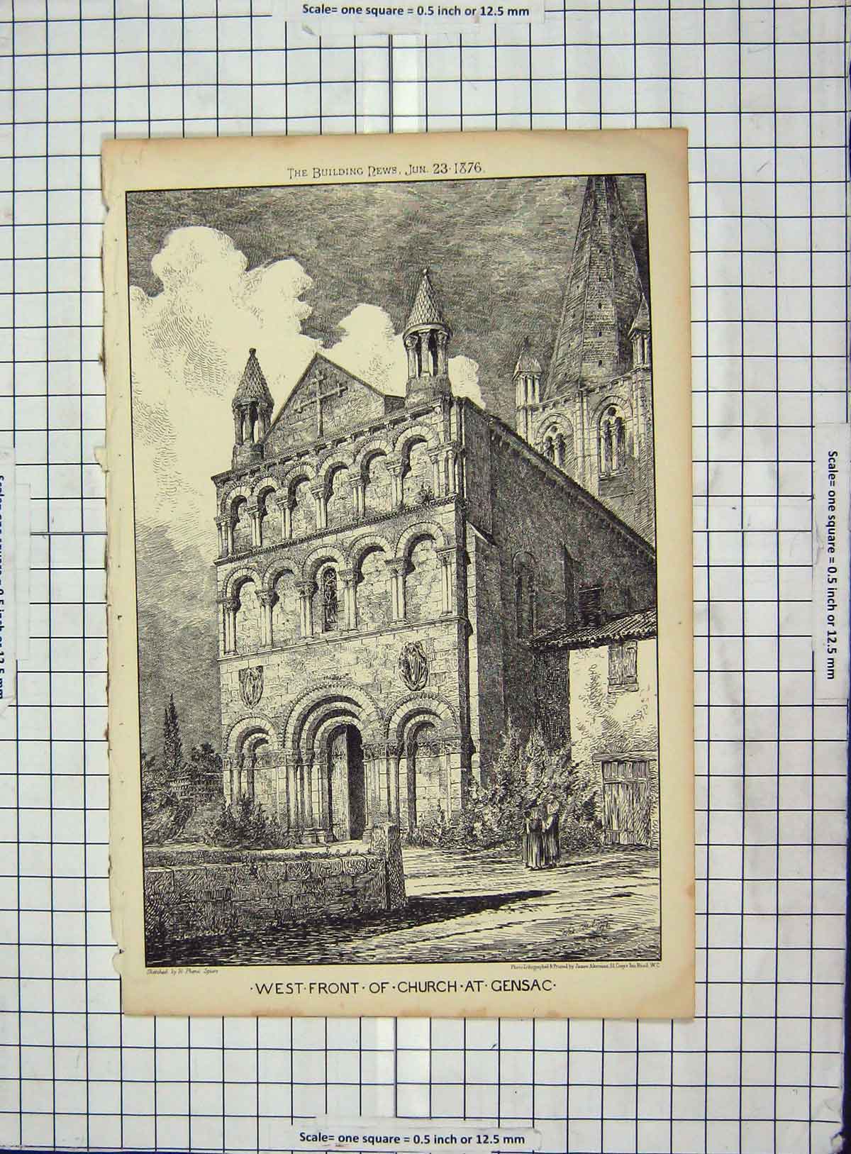 Original Old Antique Print Architecture 1876 West Front Church Gensac Spiers