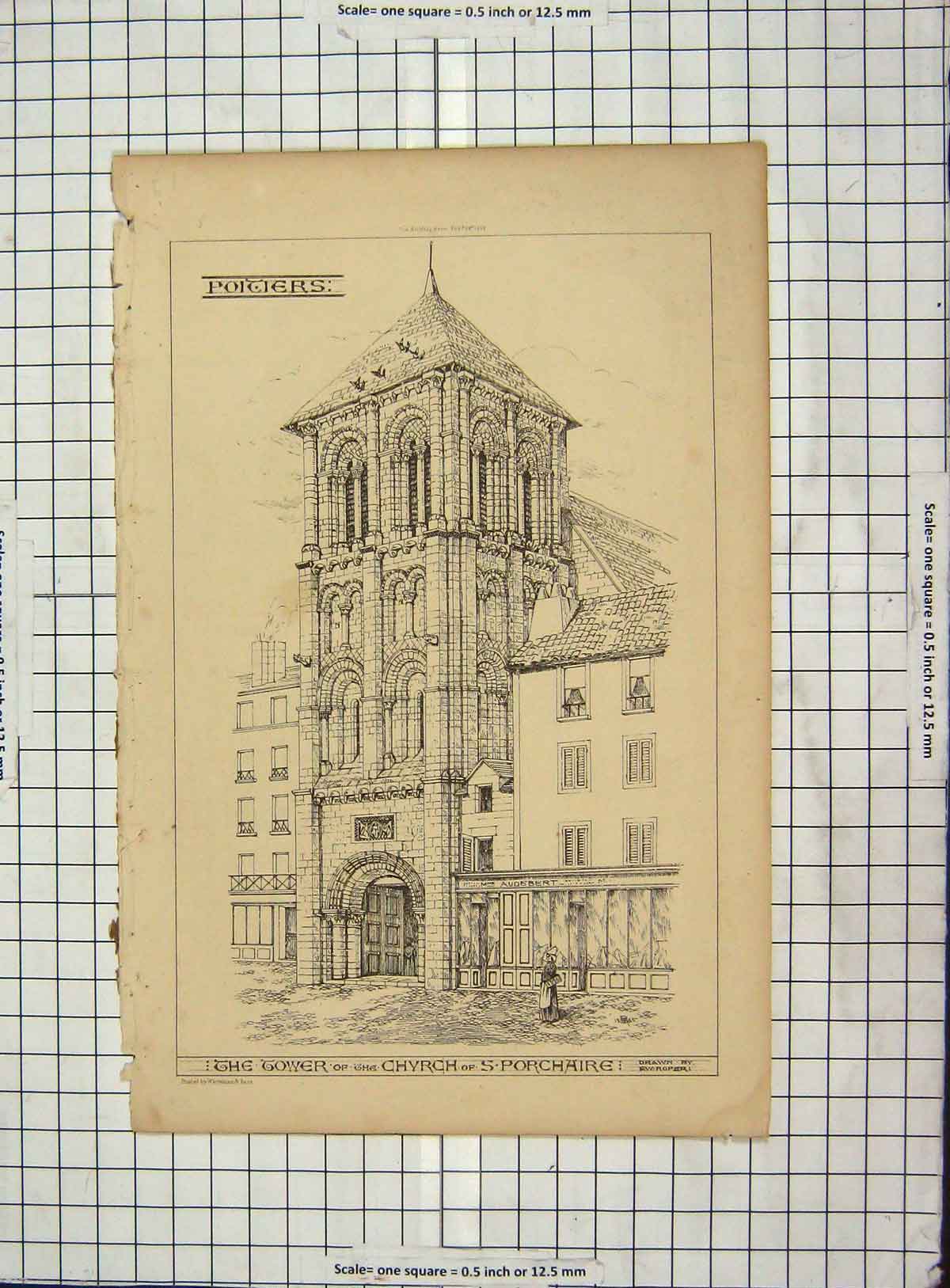 Original Old Antique Print Architecture 1868 Tower Church Porchaire Roper 19th