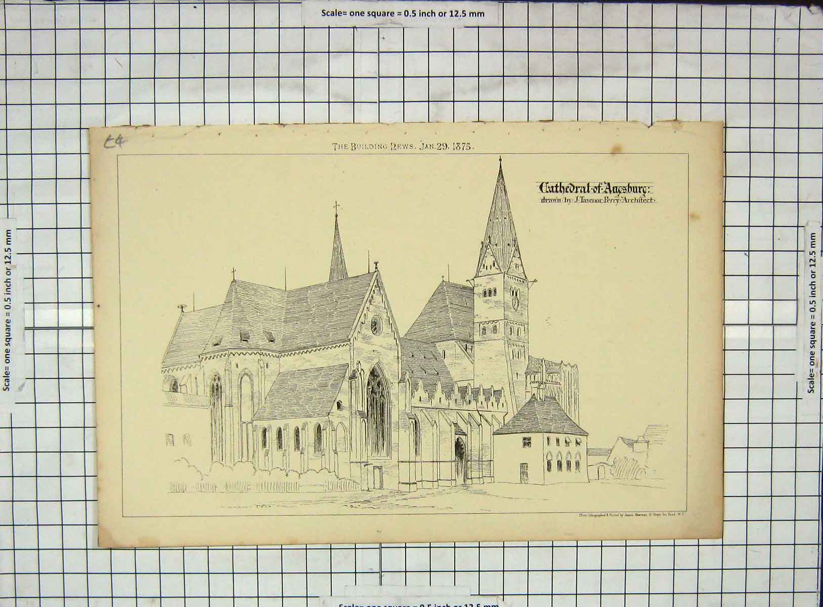 Original Old Antique Print Architecture 1875 Cathedral Augsburg Perry Akerman