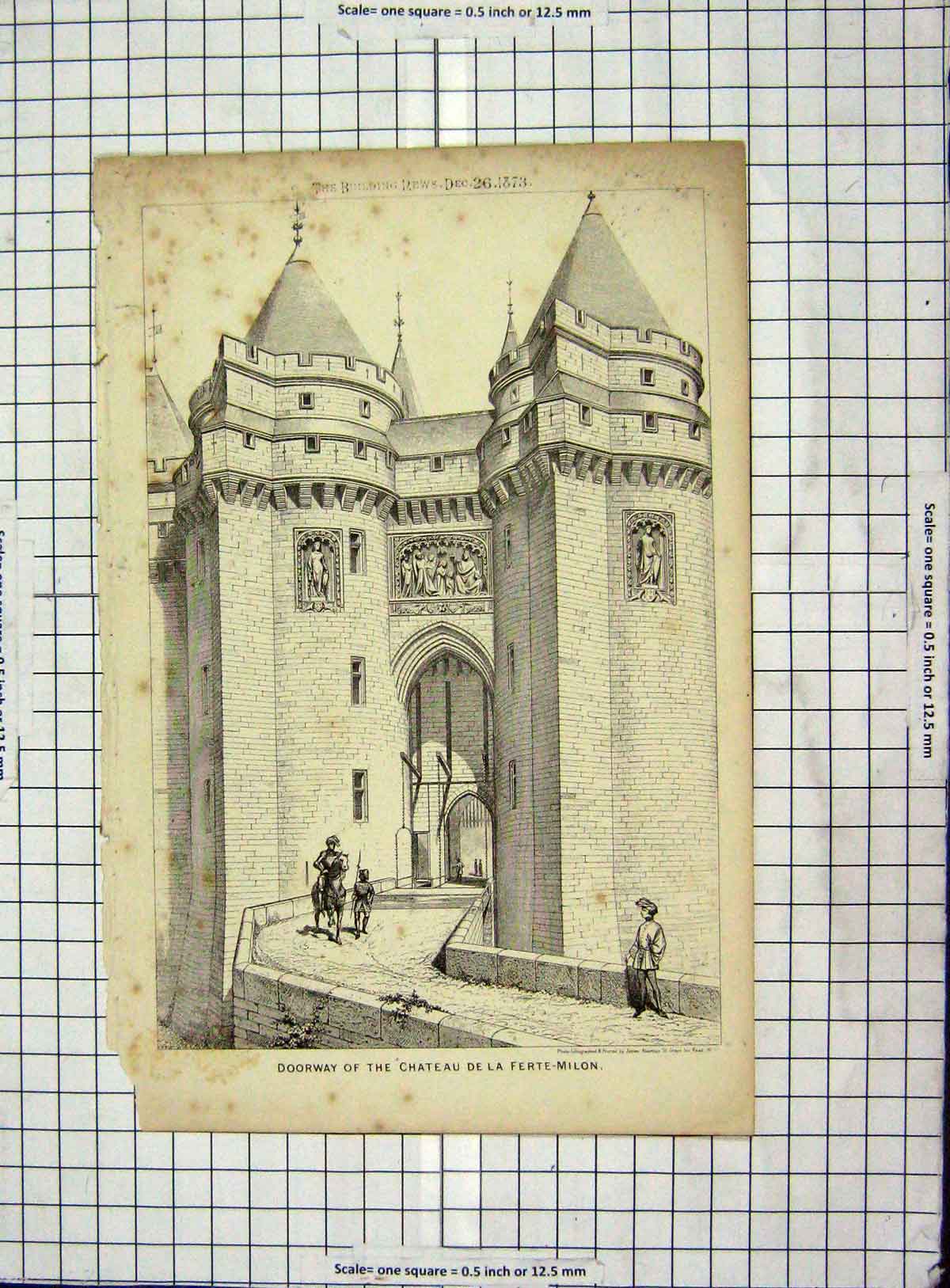 Original Old Antique Print 1873 Architecture Doorway Chateau De La Ferte-Milon