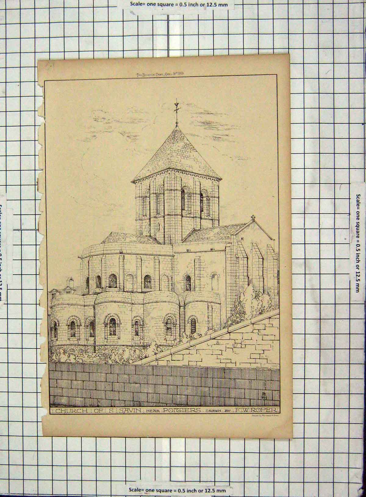 Old Antique Print Architecture 1869 Church Savin Poitiers Roper Drawing 19th