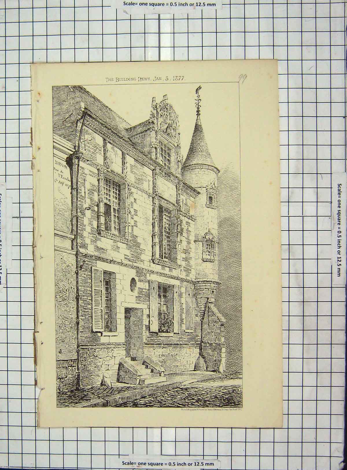 Old Antique Print Architecture 1877 Noyon Building France James Akerman 19th