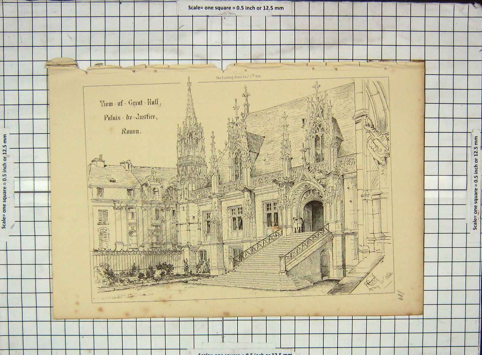 Original Old Antique Print Architecture 1866 Great Hall Palais Justice Rouen