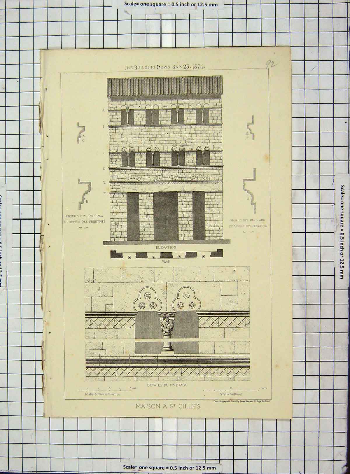 Original Old Antique Print Architecture 1874 Maison St. Gilles France Akerman