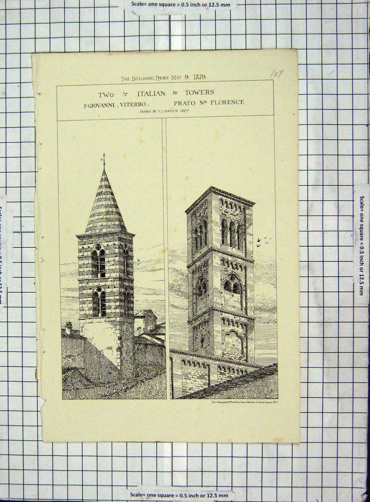 Original Old Antique Print Architecture 1879 Italian Towers Giovanni Florence