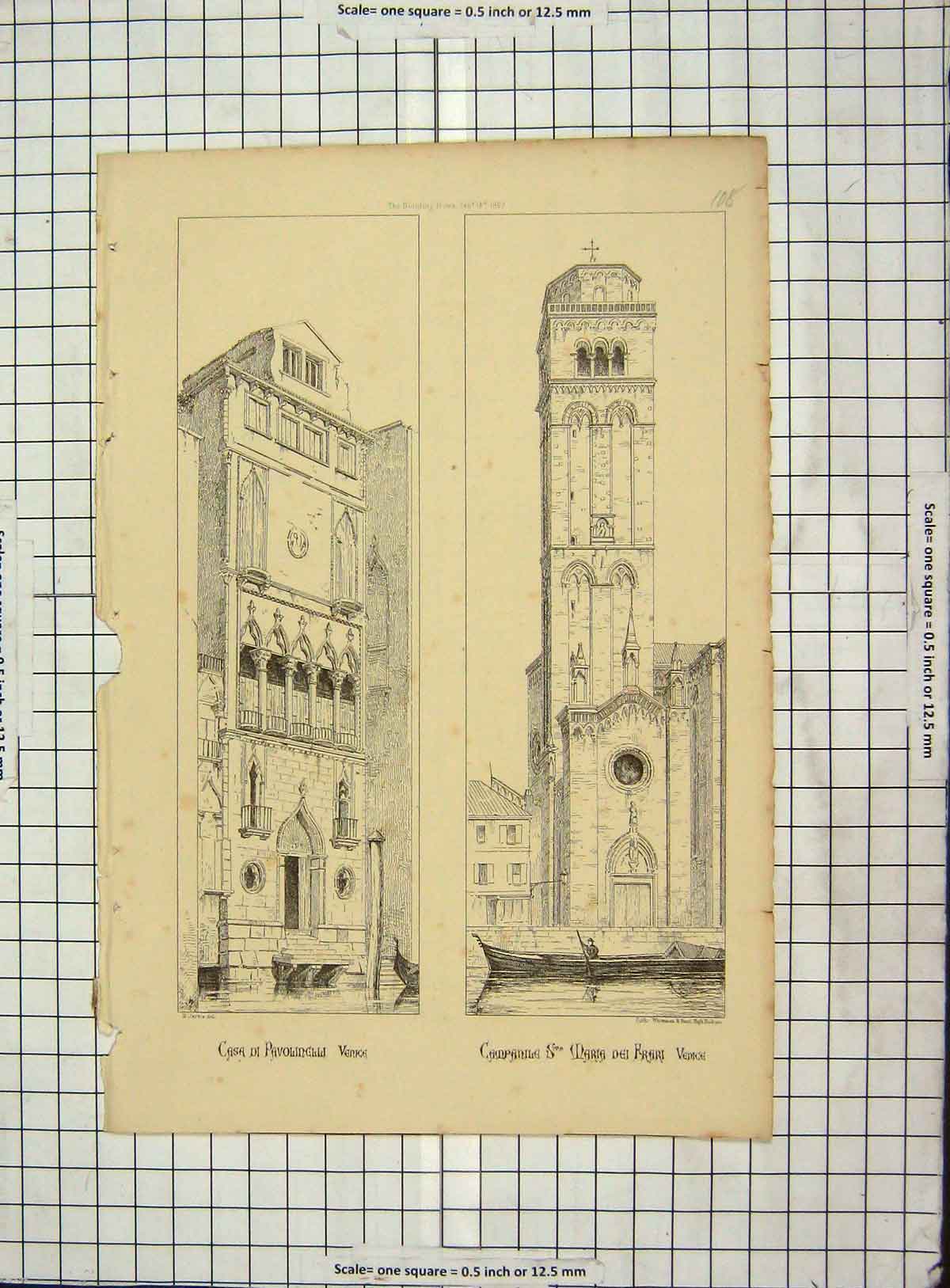 Antique Old Print Ref.41 Architecture 1867 Casa Pavolmelli Venice Campanile