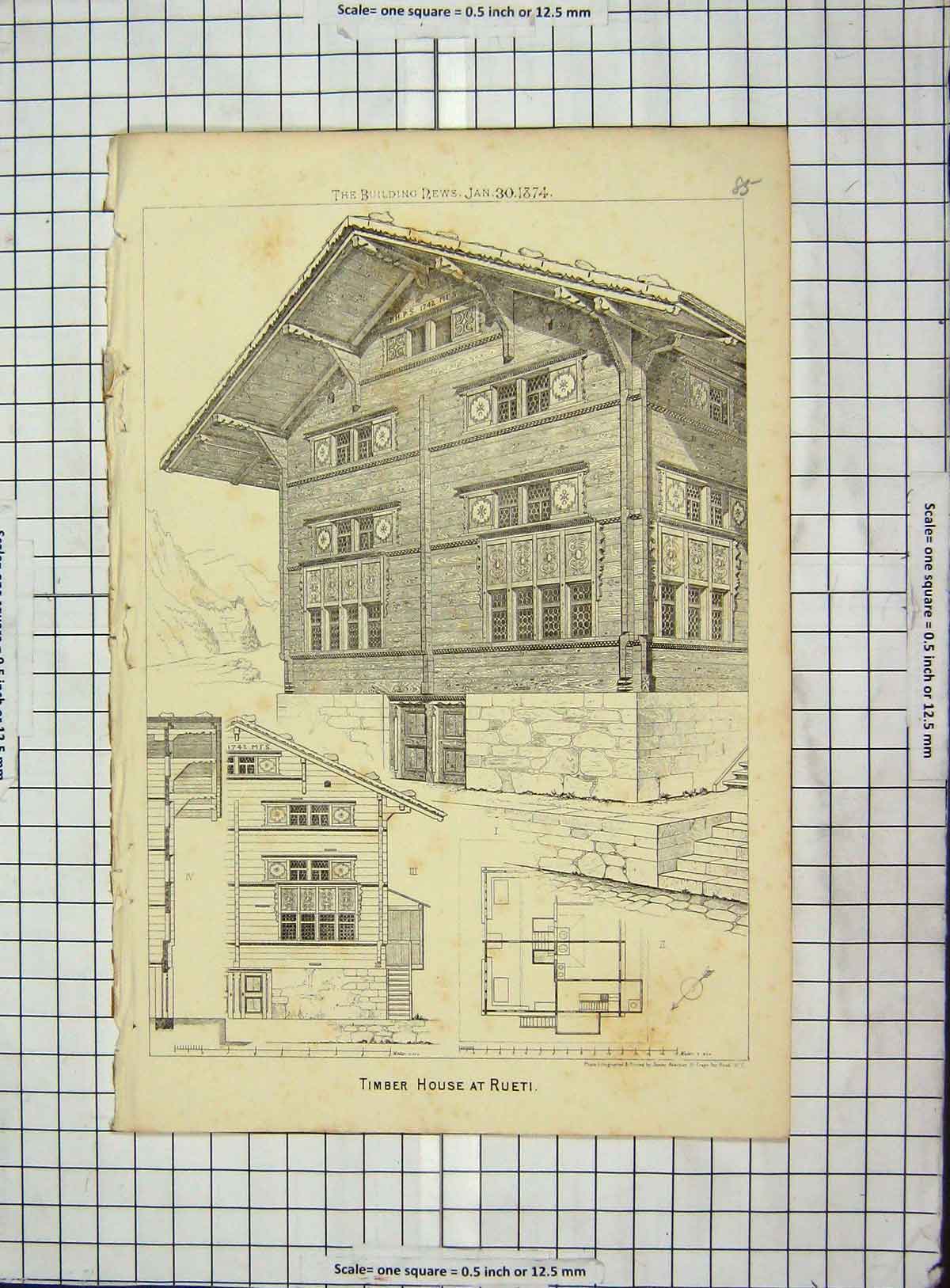 Original Old Antique Print Architecture 1874 Timber House Rueti Akerman 19th
