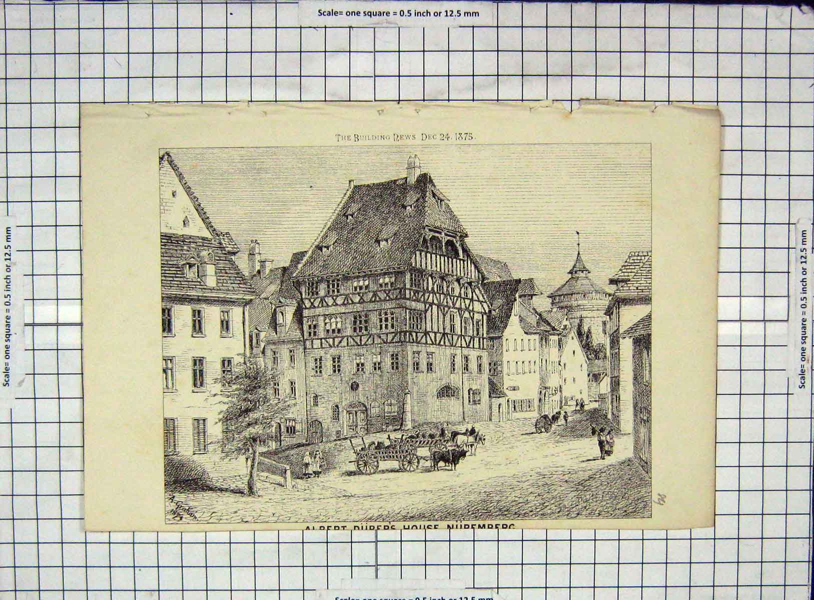 Original Old Antique Print Architecture 1875 Albert House Nuremberg Germany
