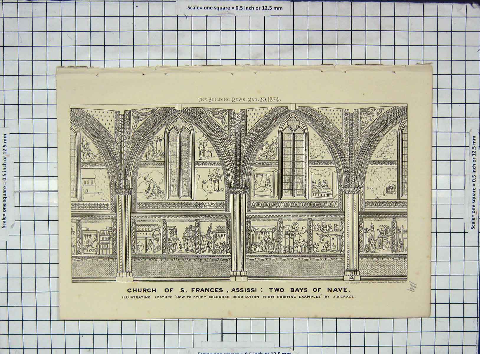 Original Old Antique Print Architecture 1874 Church Frances Assissi Bays Nave