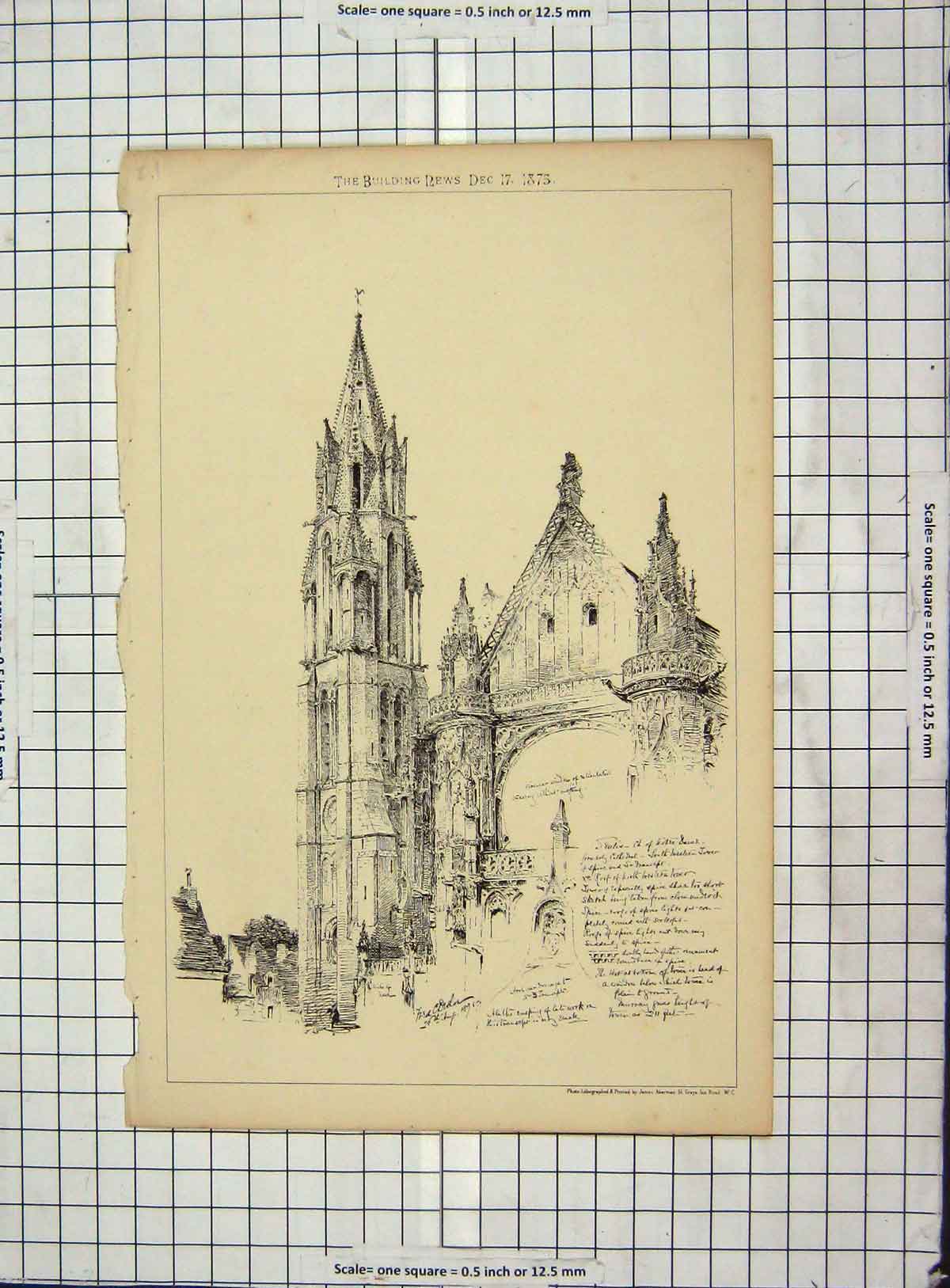 Original Old Antique Print Architecture 1875 Cathedral Senlis Church Akerman