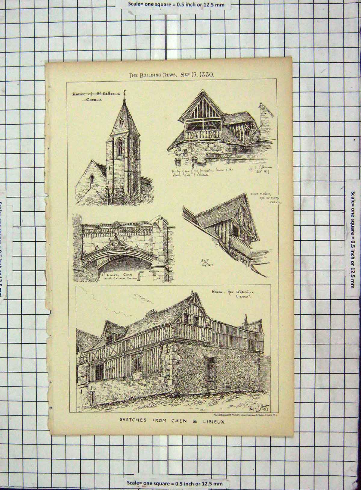Original Old Antique Print Architecture 1880 Caen Lisieux Church Gilles France