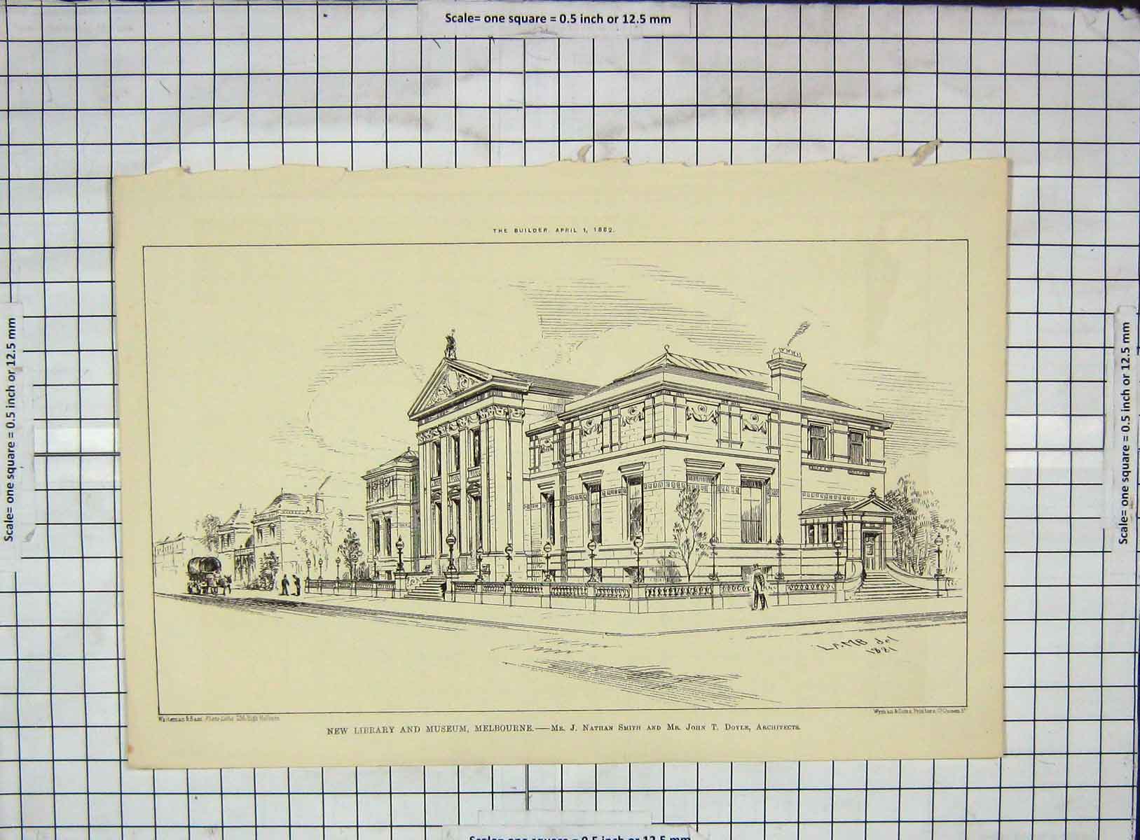 Old Antique Print Architecture 1882 Library Museum Melbourne Smith Doyle 19th