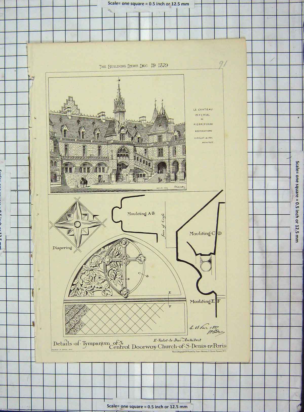 Original Old Antique Print Architecture 1879 Tympanum Church Denis Paris Violet