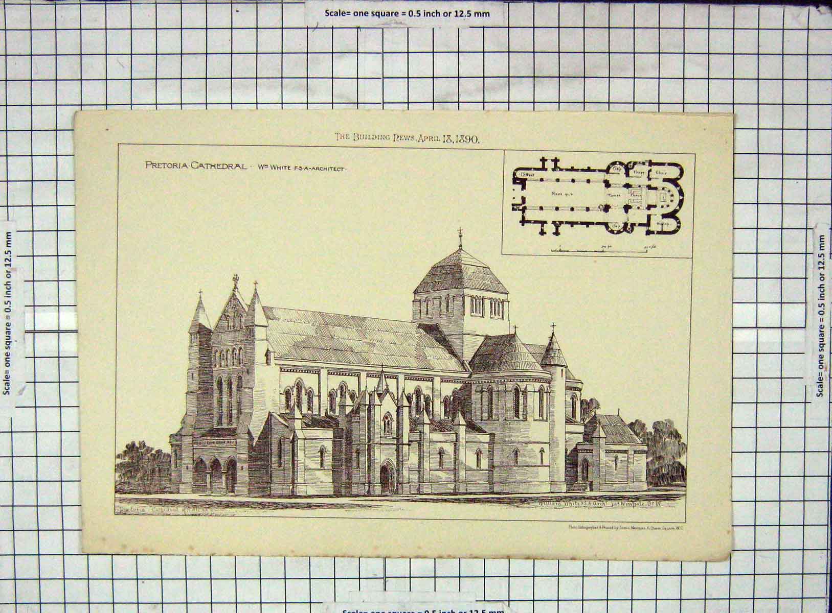 Original Old Antique Print Architecture 1890 Pretoria Cathedral White Akerman