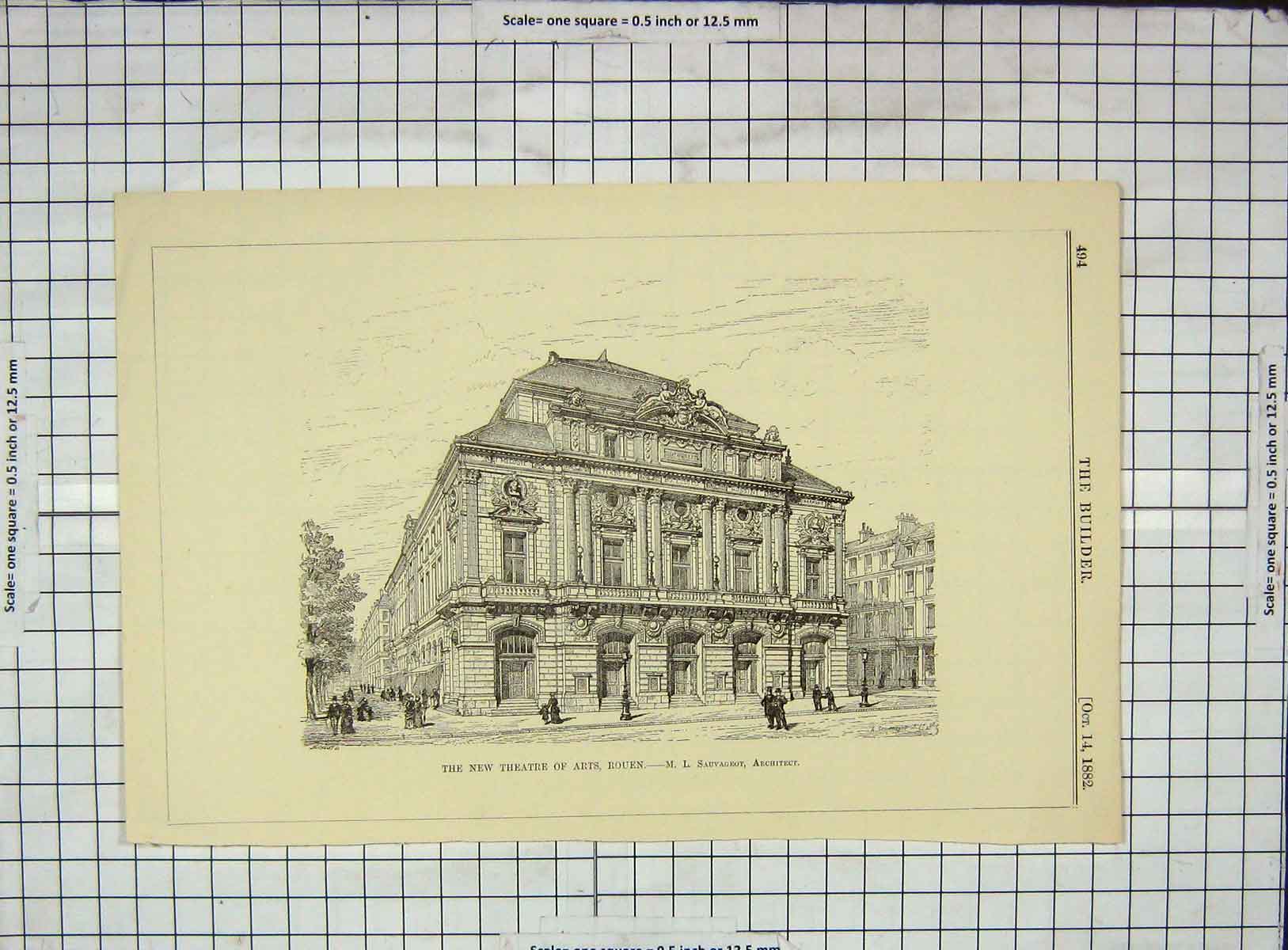 Old Antique Print Architecture 1882 Theatre Arts Rouen Sauvageot France 19th