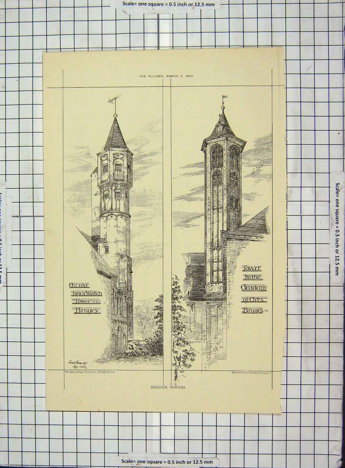 Original Old Antique Print Architecture 1883 Belgian Towers Bruges Wyman 19th