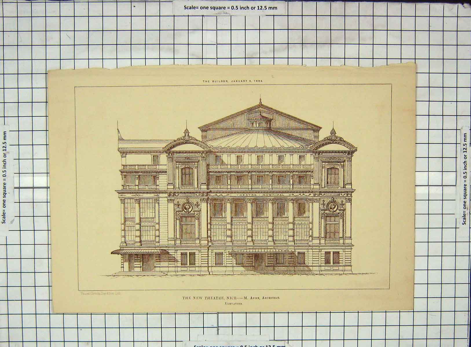 Original Old Antique Print Architecture 1884 New Theatre Nice France Aune 19th
