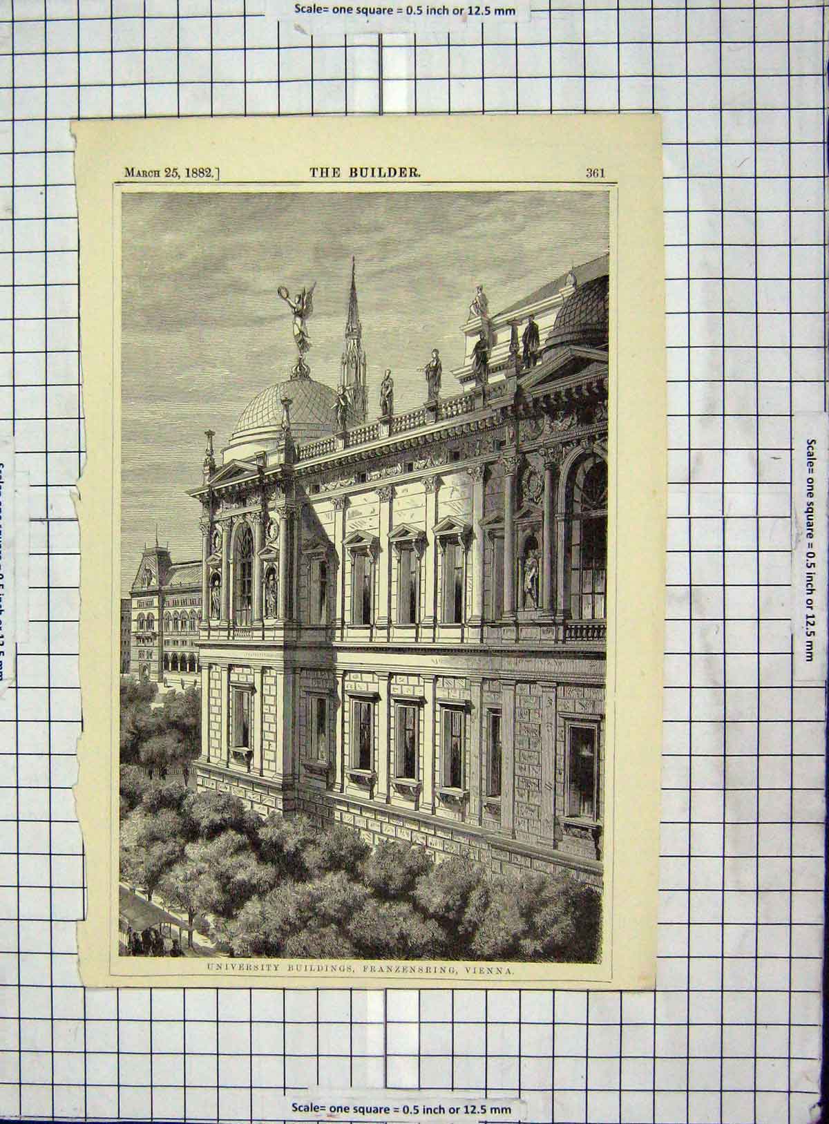 Original Old Antique Print Architecture 1882 University Franzensring Vienna