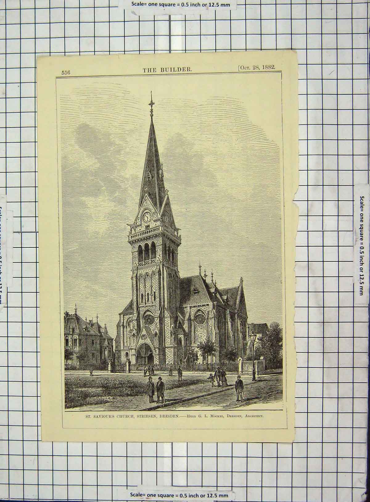 Original Old Antique Print Architecture 1882 Saviours Church Striesen Dresden