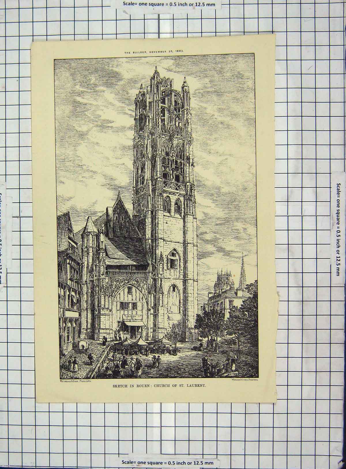 Original Old Antique Print Architecture 1882 Church St. Laurent Rouen Germany