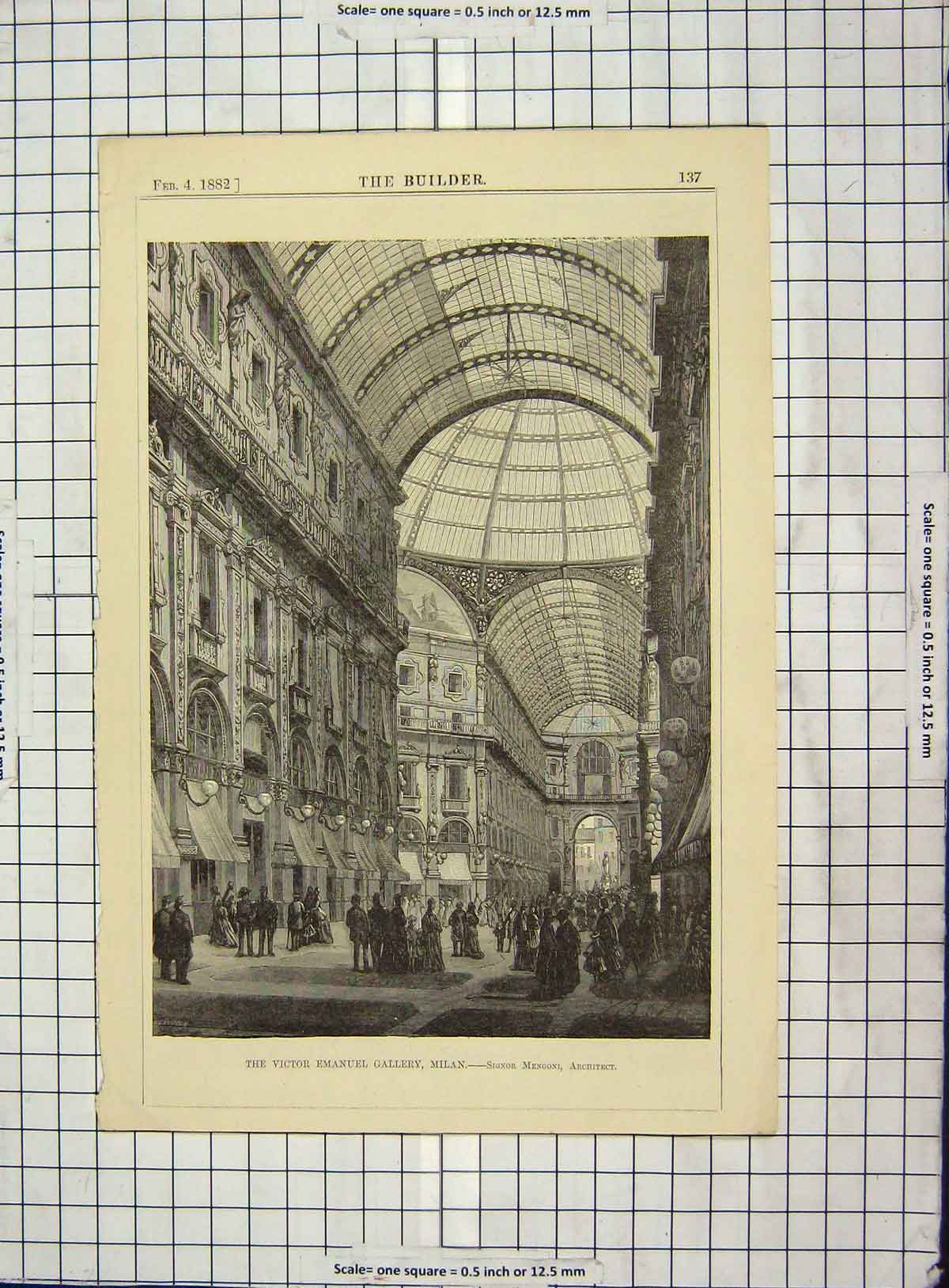 Old Antique Print Architecture 1882 Victor Emanuel Gallery Milan Mengoni 19th