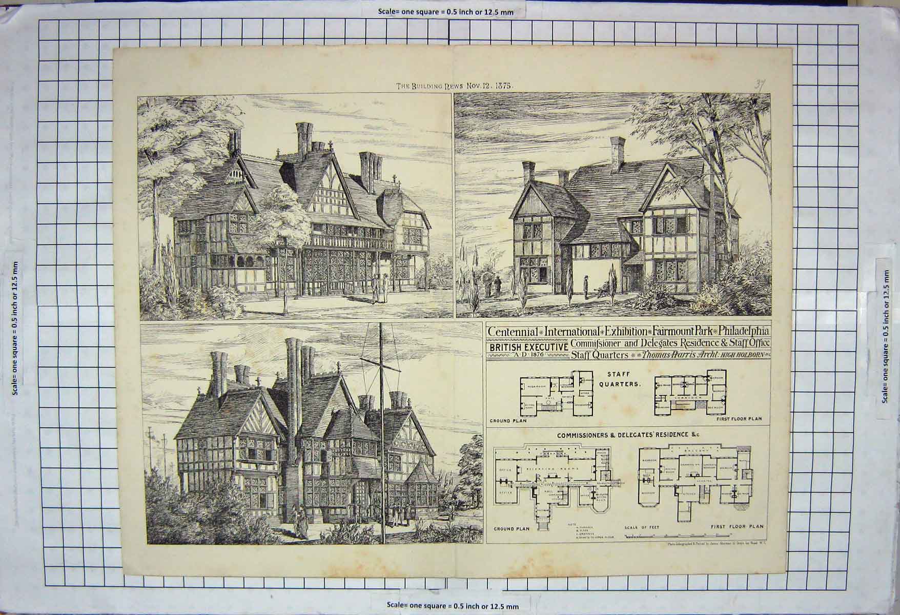Original Old Antique Print Architecture 1875 Fairmount Park Philadelphia Harris