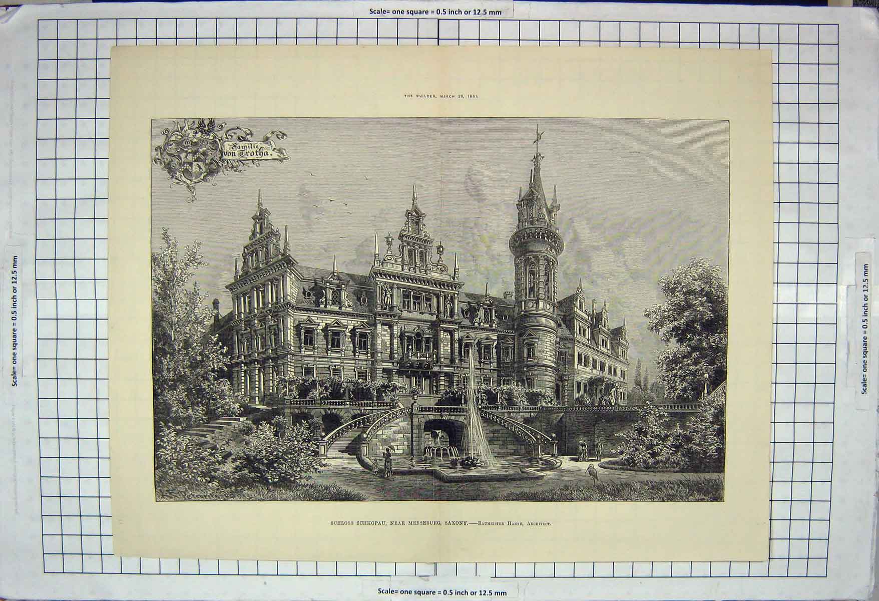 Original Old Antique Print Architecture 1881 Schloss Schkopau Merseburg Saxony