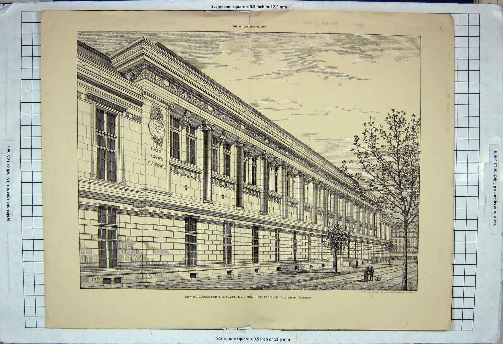 Original Old Antique Print Architecture 1888 Faculte Medicine Paris Paul Ginain